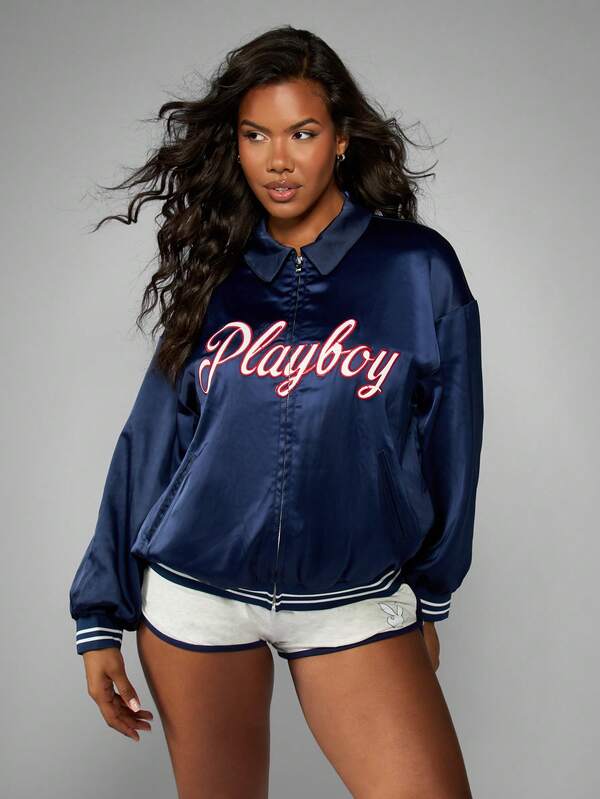 Missguided x Playboy Satin Varsity Bomber Jacket With Ribbed Trim