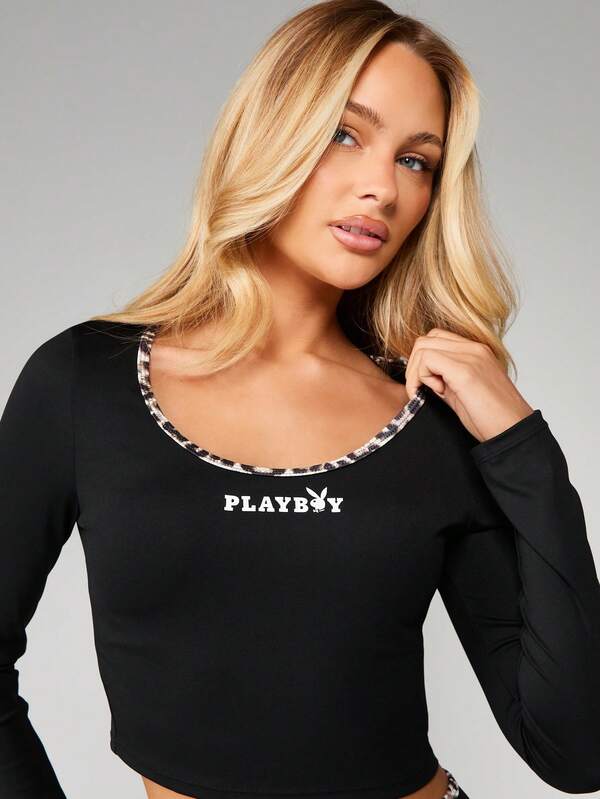 Missguided x Playboy Scoop Neck Crop Top With Leopard Trim