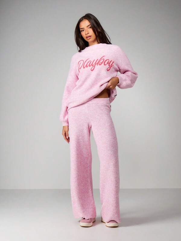 Missguided X Playboy Script Knit Wide Leg Pants