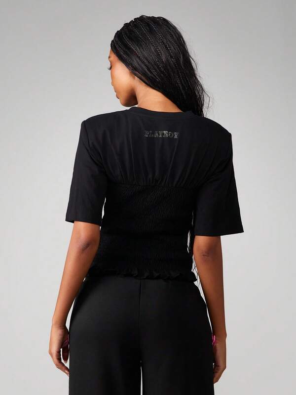 Missguided X Playboy Smocked T-Shirt With Ruffle Hem