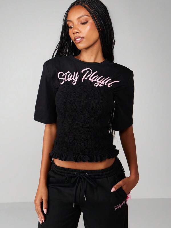 Missguided X Playboy Smocked T-Shirt With Ruffle Hem