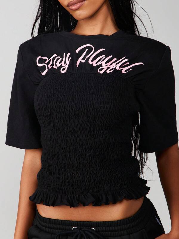 Missguided x Playboy Smocked T-Shirt With Ruffle Hem