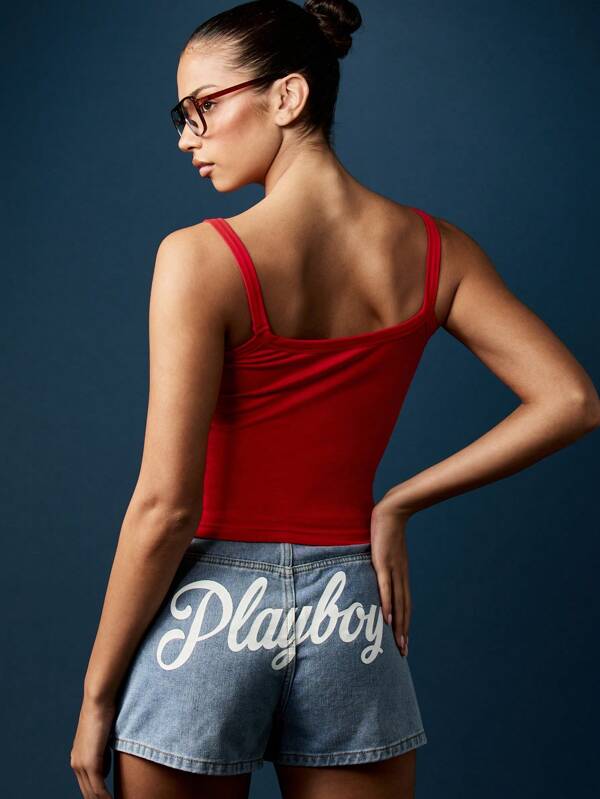 Missguided X Playboy Square Neck Cropped Tank Top With Logo Print