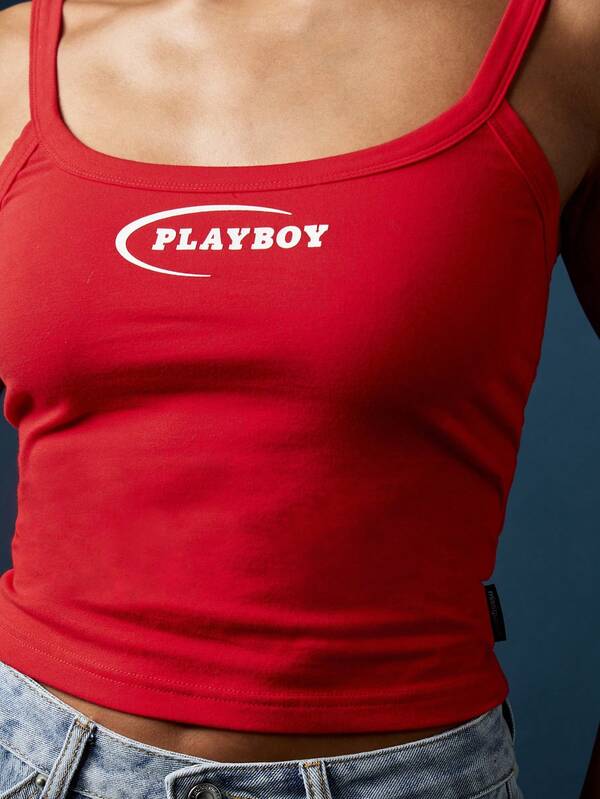 Missguided X Playboy Square Neck Cropped Tank Top With Logo Print