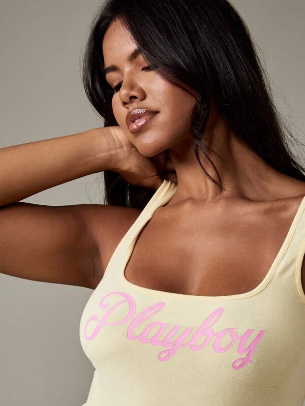 Missguided X Playboy Square Neck Mini Bodycon Dress With Logo Print