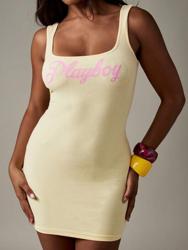 Missguided x Playboy Square Neck Mini Bodycon Dress With Logo Print