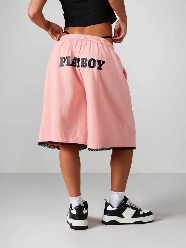Missguided X Playboy Statement Basketball Shorts With Lace Trim