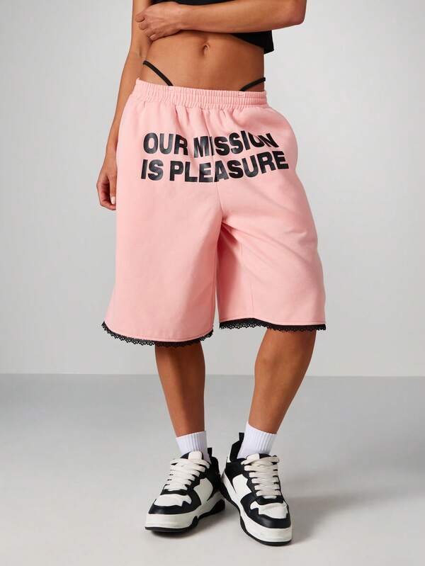 Missguided X Playboy Statement Basketball Shorts With Lace Trim