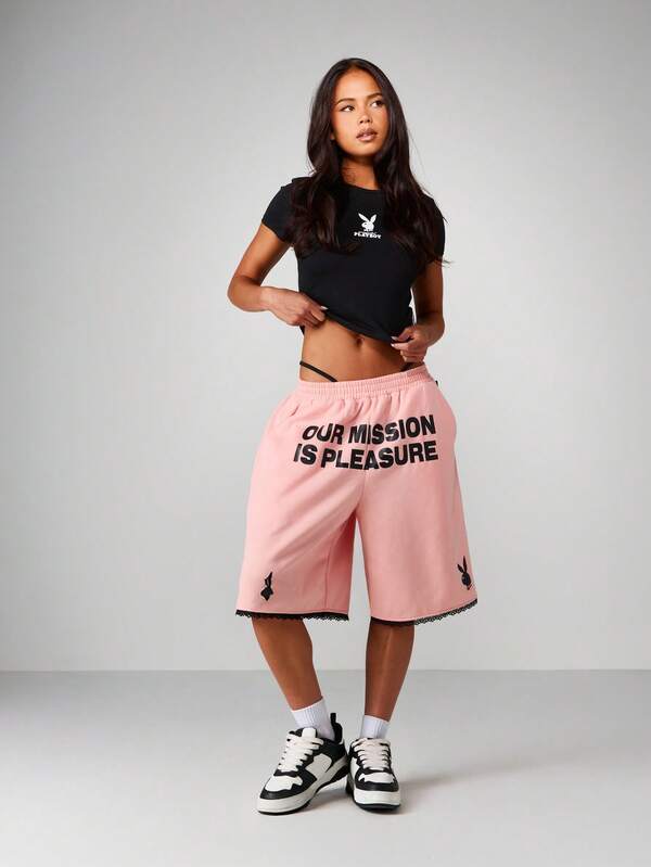 Missguided X Playboy Statement Basketball Shorts With Lace Trim