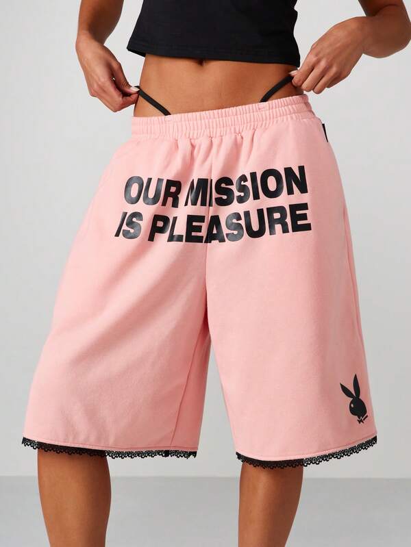 Missguided x Playboy Statement Basketball Shorts With Lace Trim