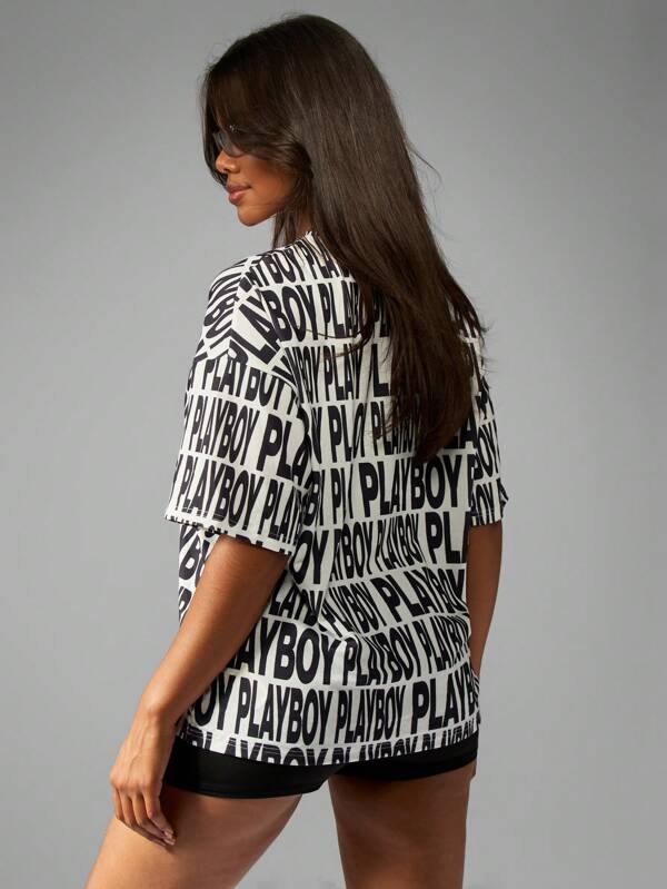 Missguided X Playboy Statement Design All Over Print Oversized Short Sleeve T-Shirt