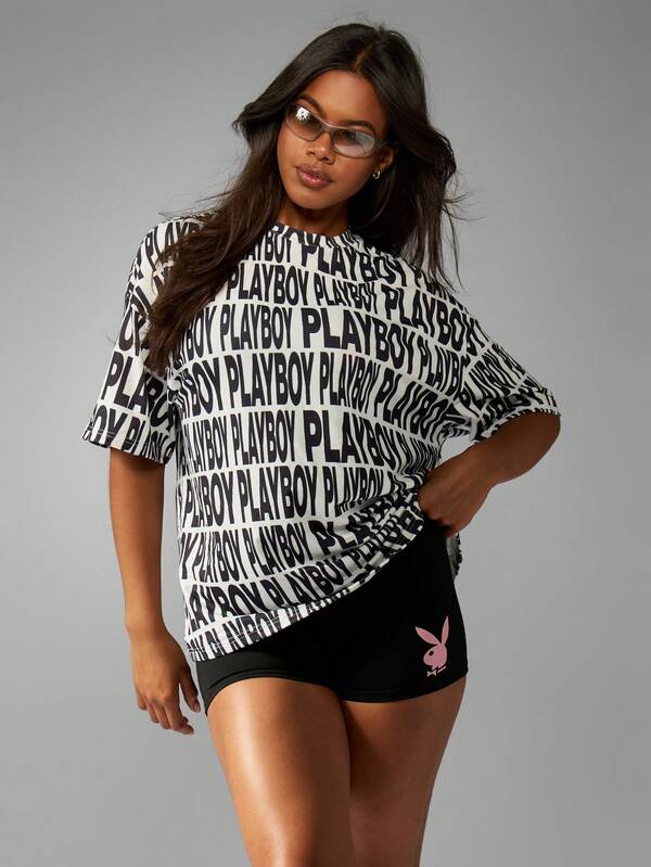 Missguided X Playboy Statement Design All Over Print Oversized Short Sleeve T-Shirt