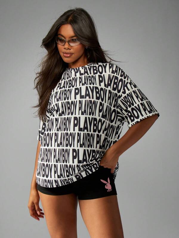 Missguided x Playboy Statement Design All Over Print Oversized Short Sleeve T-Shirt