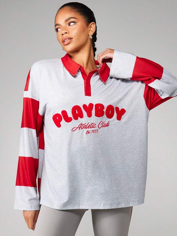 Missguided x Playboy Stripe Color Block Polo With Athletic Print