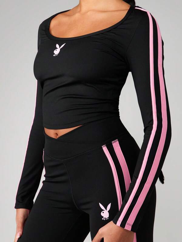 Missguided X Playboy Stripe Detail Long Sleeve Crop Top