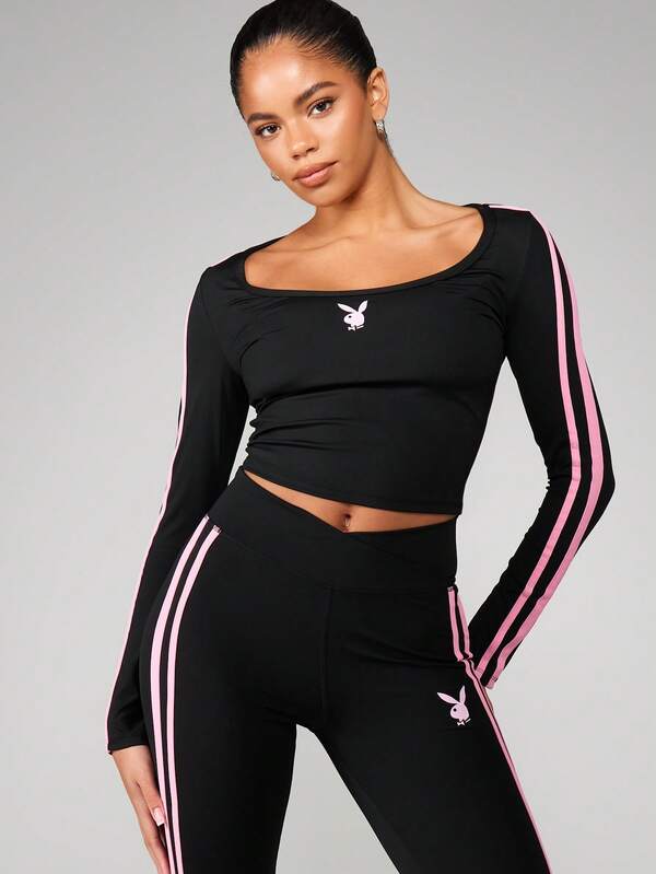 Missguided x Playboy Stripe Detail Long Sleeve Crop Top