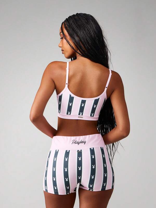 Missguided X Playboy Striped Bralette And Shorts Set With Bunny Print