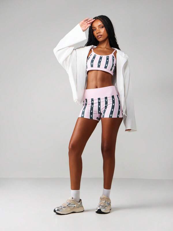 Missguided X Playboy Striped Bralette And Shorts Set With Bunny Print