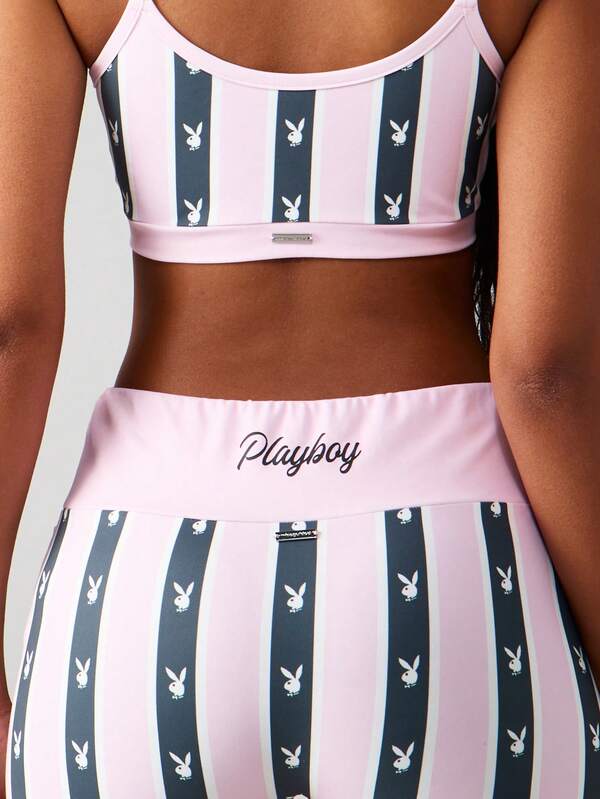 Missguided X Playboy Striped Bralette And Shorts Set With Bunny Print