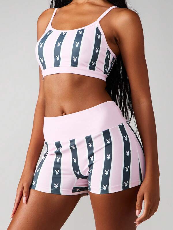 Missguided x Playboy Striped Bralette And Shorts Set With Bunny Print