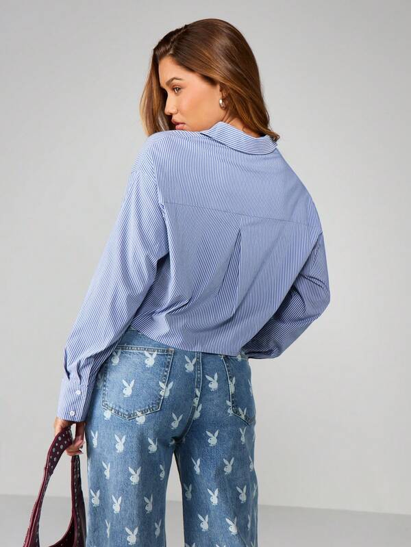 Missguided X Playboy Striped Collared Cropped Button Shirt