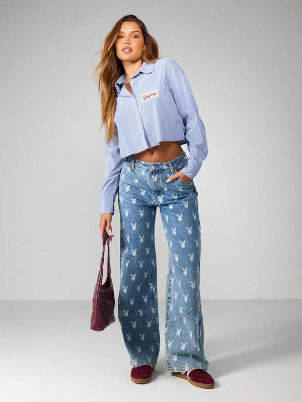 Missguided X Playboy Striped Collared Cropped Button Shirt