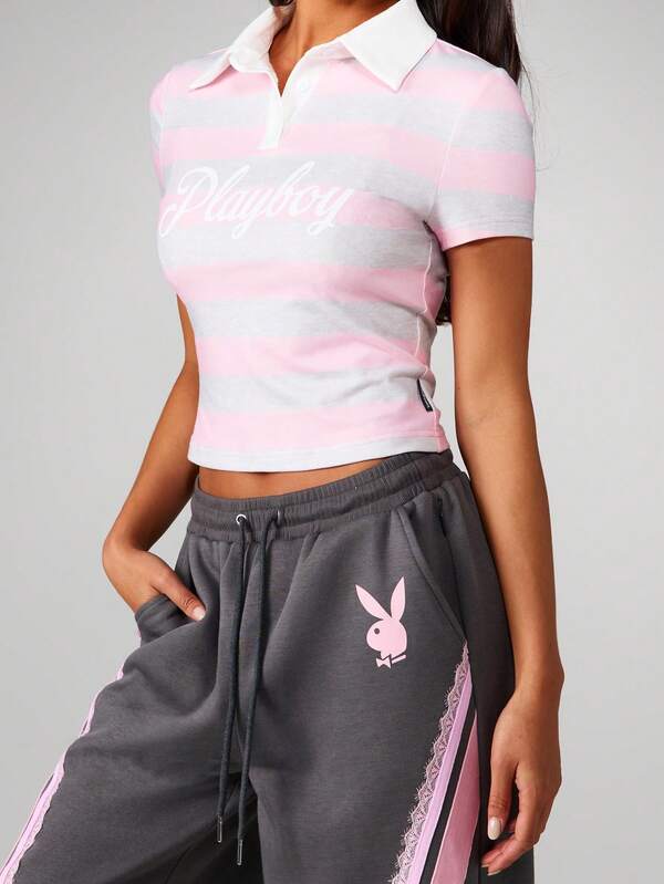 Missguided X Playboy Striped Collared Polo Shirt With Button Front