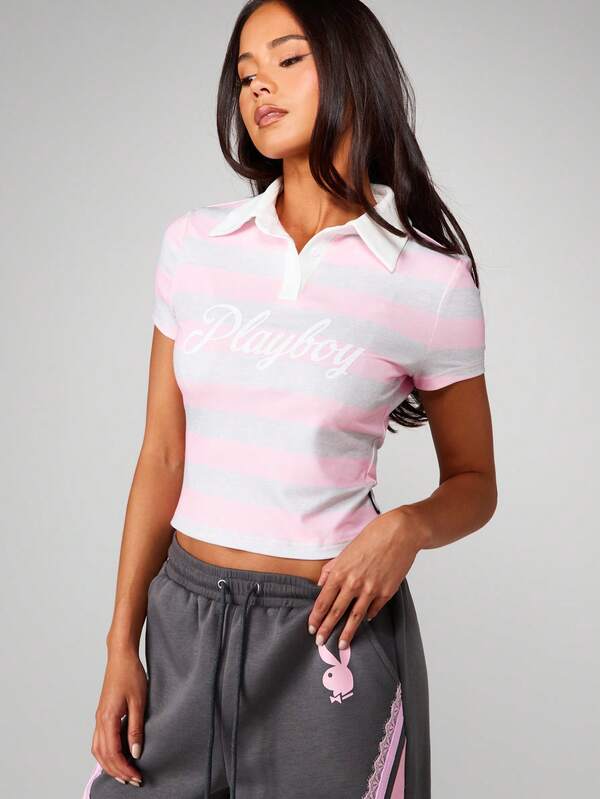 Missguided x Playboy Striped Collared Polo Shirt With Button Front