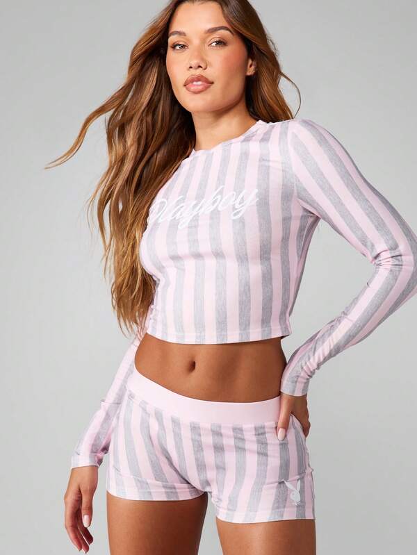 Missguided X Playboy Striped Crop Top With Shorts Set