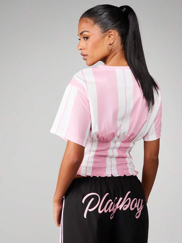 Missguided X Playboy Striped Fitted Waist Smocked Tee