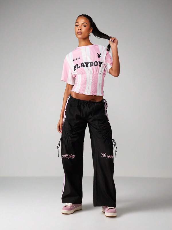 Missguided X Playboy Striped Fitted Waist Smocked Tee