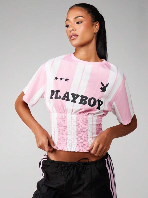 Missguided X Playboy Striped Fitted Waist Smocked Tee