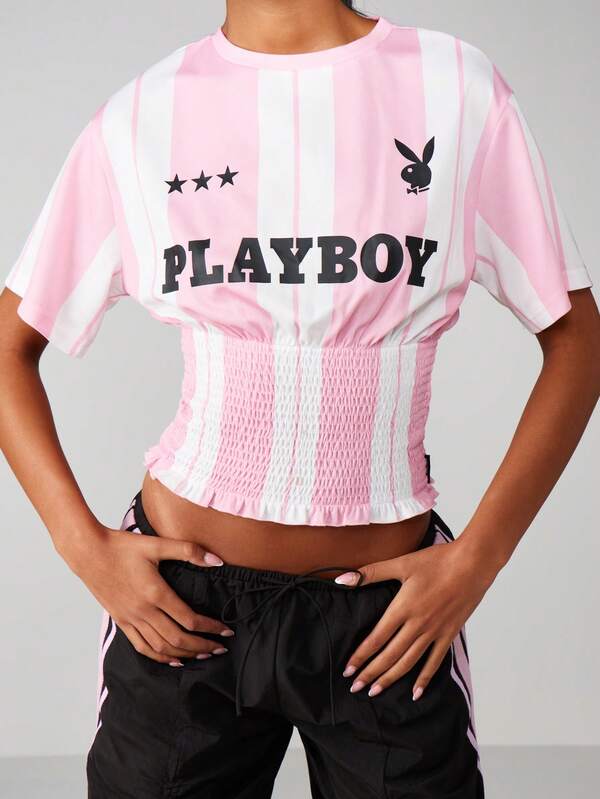 Missguided x Playboy Striped Fitted Waist Smocked Tee