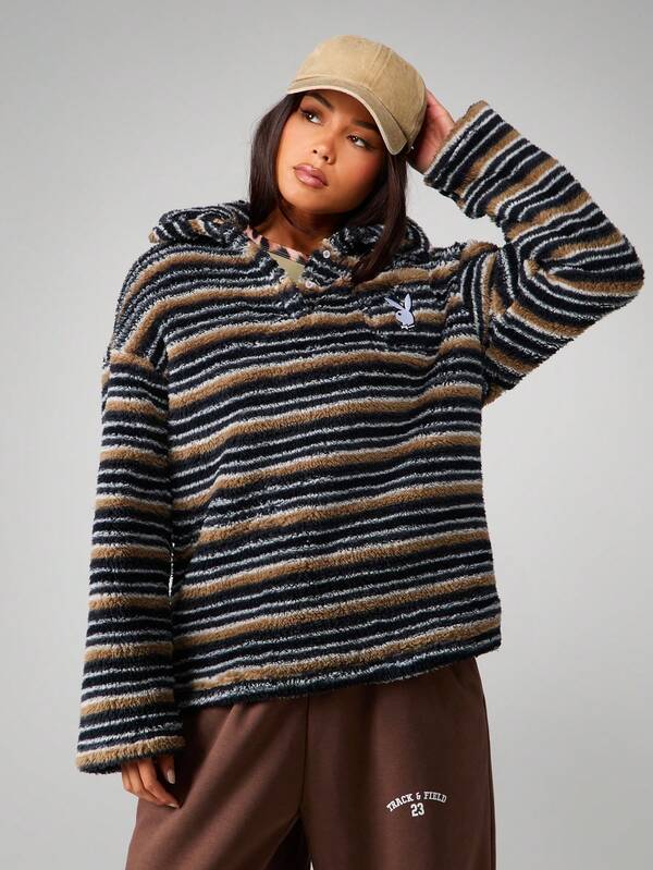 Missguided x Playboy Striped Fleece Hooded Sweatshirt With Pocket