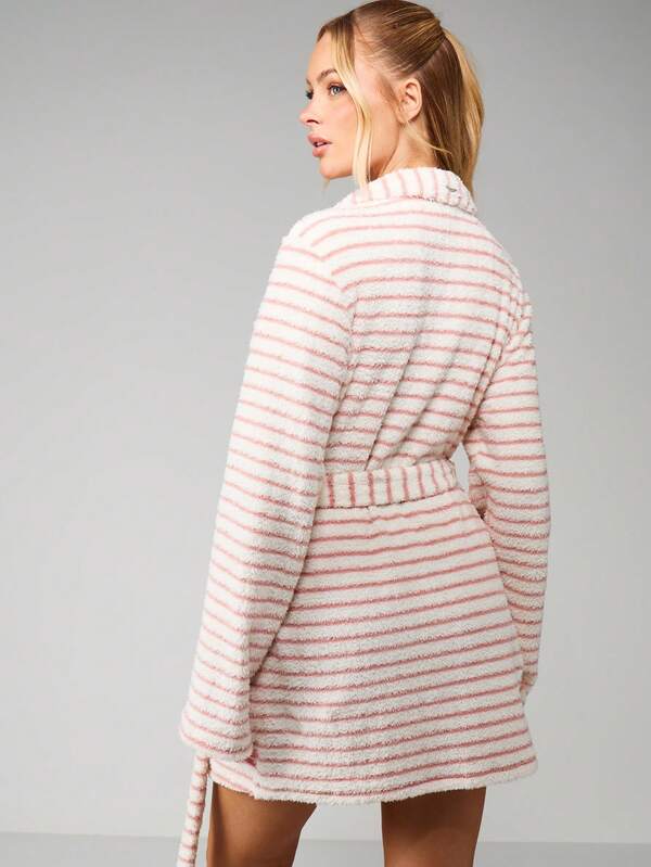 Missguided X Playboy Striped Fluffy Hooded Robe With Belt