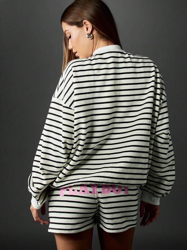 Missguided X Playboy Striped Full Zip Sweatshirt With Pockets And Logo