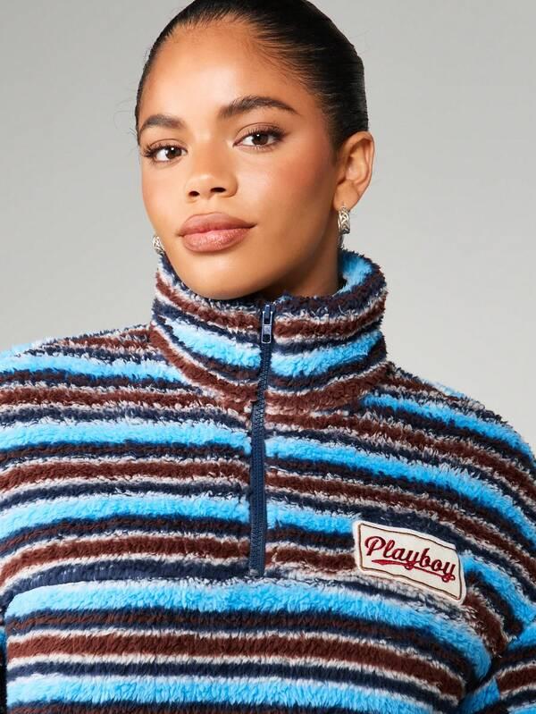 Missguided X Playboy Striped Funnel Neck Fleece Sweatshirt With Half Zip