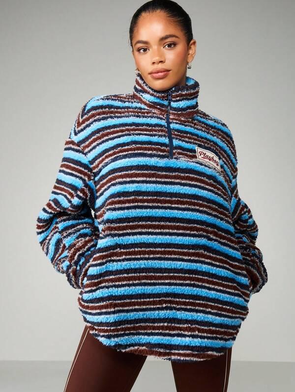 Missguided X Playboy Striped Funnel Neck Fleece Sweatshirt With Half Zip