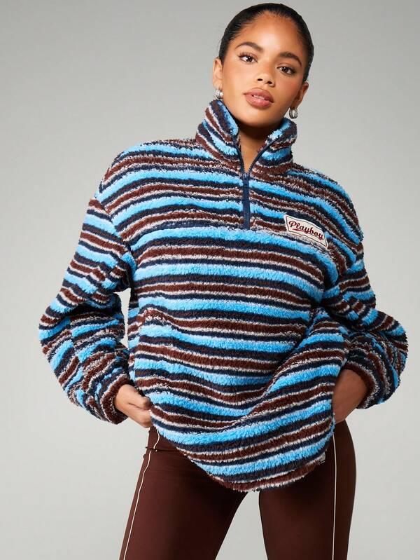 Missguided x Playboy Striped Funnel Neck Fleece Sweatshirt With Half Zip