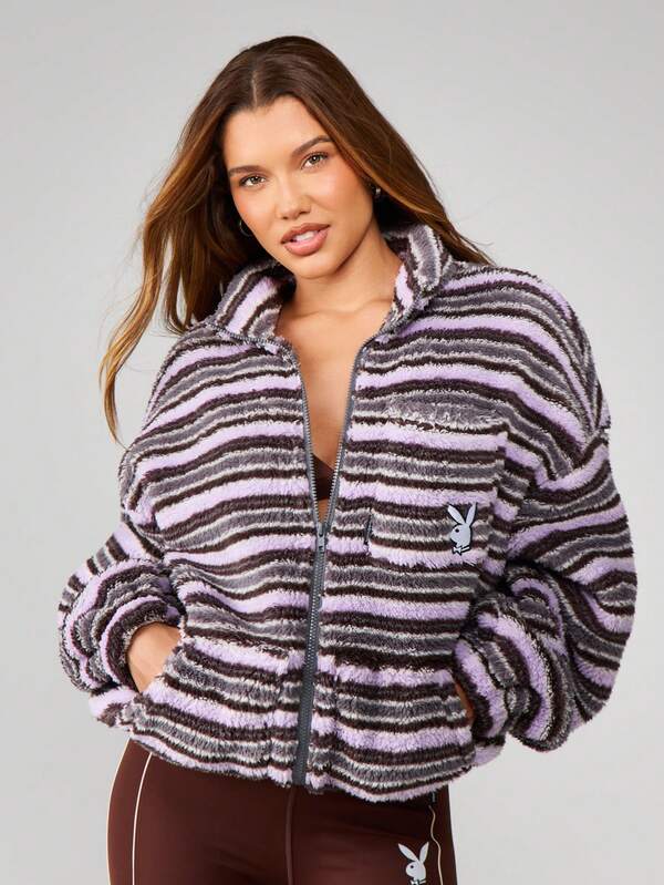 Missguided x Playboy Striped Funnel Neck Zip Through Fleece Jacket