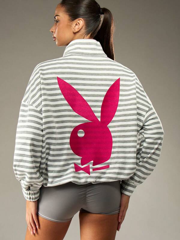 Missguided X Playboy Striped Half Zip Pullover Sweatshirt With Bunny Logo