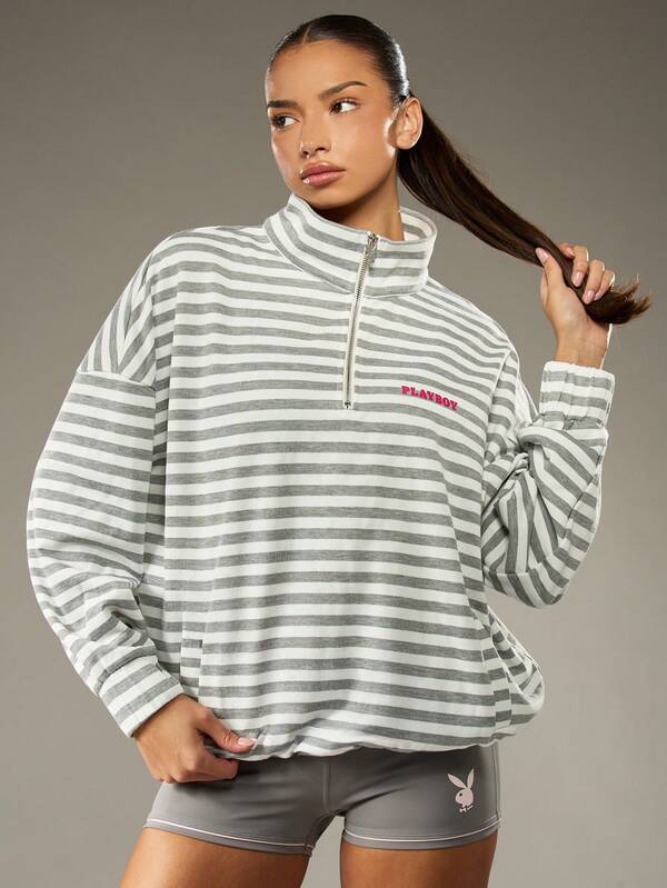 Missguided X Playboy Striped Half Zip Pullover Sweatshirt With Bunny Logo