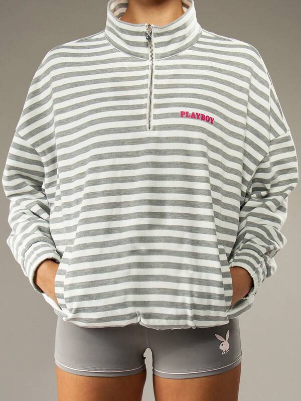 Missguided X Playboy Striped Half Zip Pullover Sweatshirt With Bunny Logo