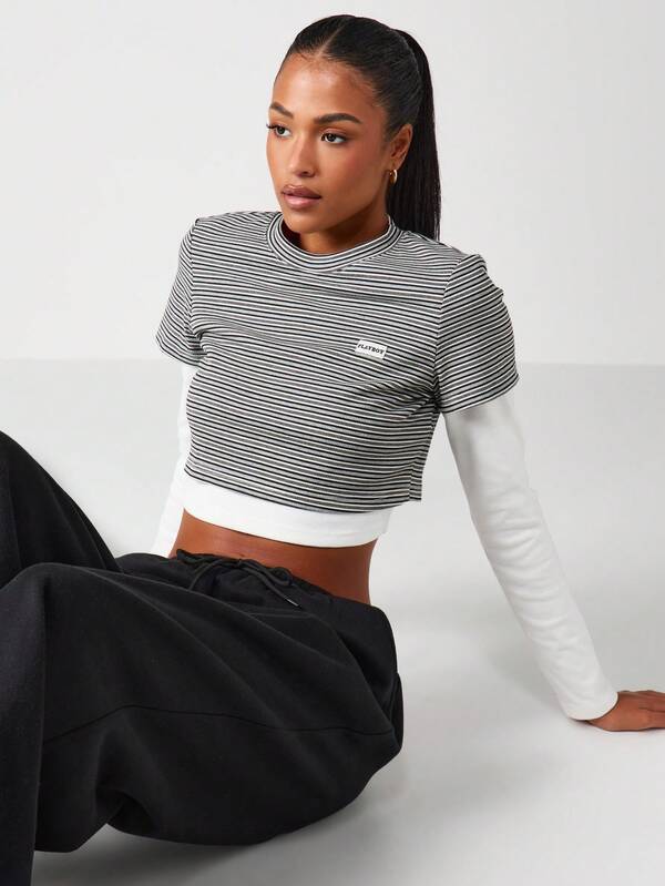 Missguided X Playboy Striped Multilayer Crop Tee With Long Sleeves