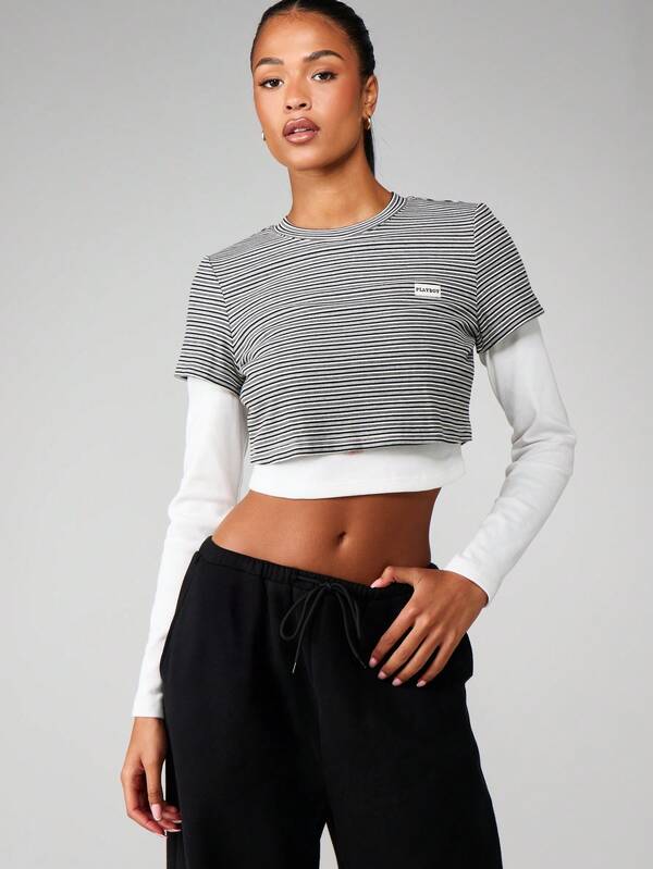 Missguided X Playboy Striped Multilayer Crop Tee With Long Sleeves