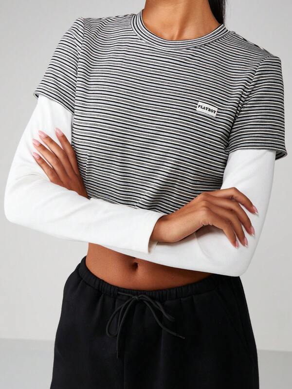 Missguided x Playboy Striped Multilayer Crop Tee With Long Sleeves