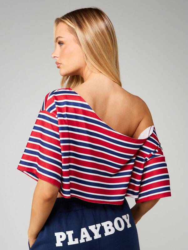 Missguided X Playboy Striped Off Shoulder Crop Top With Logo