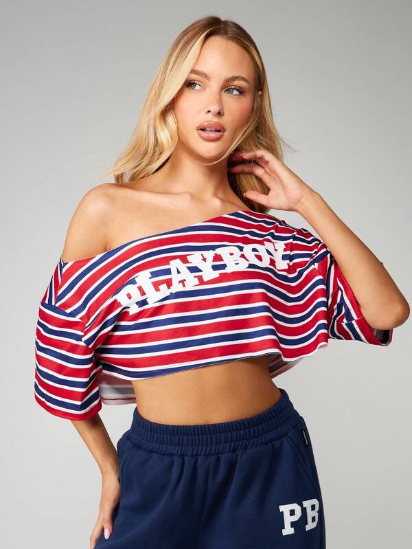 Missguided X Playboy Striped Off Shoulder Crop Top With Logo
