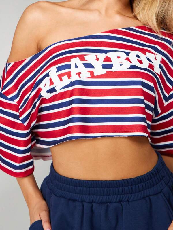 Missguided x Playboy Striped Off Shoulder Crop Top With Logo
