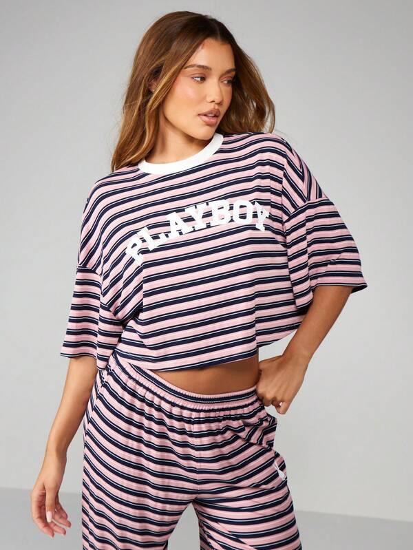 Missguided X Playboy Striped Oversized Crop Top With Wide Leg Pants